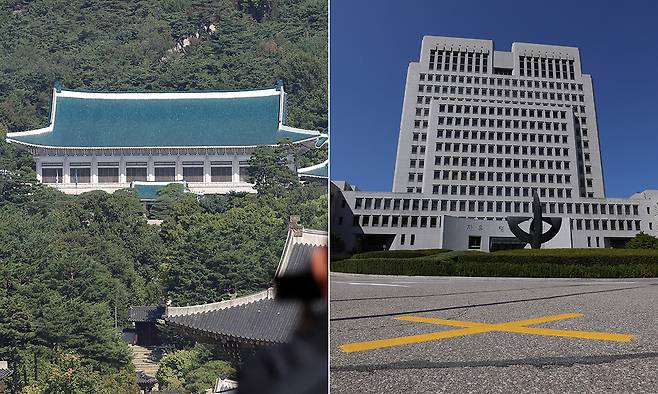 해법은 어디에… 대법관 후보자 재제청을 둘러싼 청와대와 대법원의 충돌이 대통령의 ‘임명권’과 대법원장의 ‘제청권’을 둘러싼 헌법기관 간 권한 대립으로 번지고 있다. 조희대 대법원장이 22일 청와대의 재제청 요구를 거부하면서 양측의 접점도 좀처럼 보이지 않고 있다. 사진은 이날 청와대와 대법원 모습. 남정탁·이재문 기자