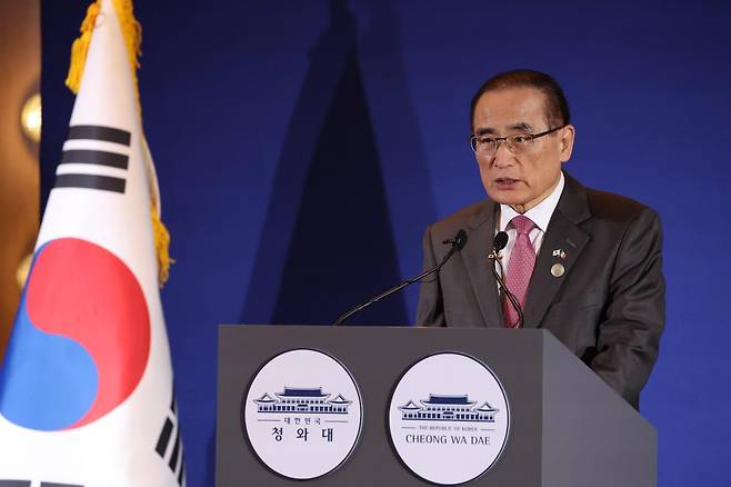 이재명 대통령이 24일(현지 시각) 멕시코를 국빈 방문중인 가운데 위성락 국가안보실장이 멕시코시티에 마련된 프레스센터에서 현안관련 브리핑을 하고 있다. 2026.9.25