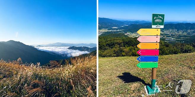 장안산에서 바라본 운해, 논개활공장에 장수트레일레이스의 각 코스별 안내표가 설치된 모습. 2026.9.20 ⓒ 뉴스1 이상휼 기자