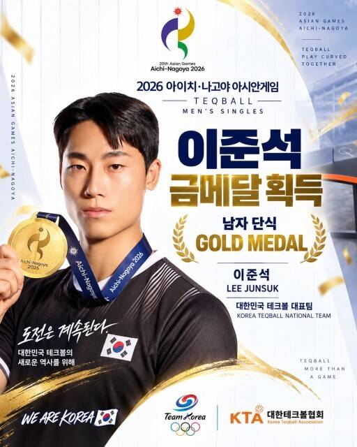 대한테크볼협회가 홈페이지 올린 이준석 금메달 획득 포스터. 감동의 금메달이지만 아직 현실은 본질적으로 달라지지 않았다. / 대한테크볼협회