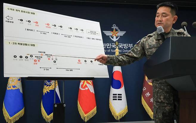 양진혁 합동참모본부 작전부장이 28일 서울 용산구 국방부에서 열린 '비무장지대 지뢰 추정 폭발 사고' 관련 브리핑에서 관련 자료를 설명하고 있다. 연합뉴스