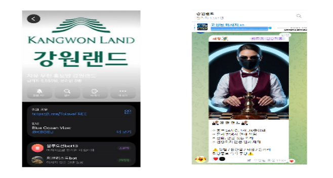 ◇자유 무한 홍보방 강원랜드’ 텔레그램 방 로고 스크린샷(사진 왼쪽).·‘강원랜드’ 텔레그램방 홍보글 스크린샷. 임문영 국회의원실 제공.