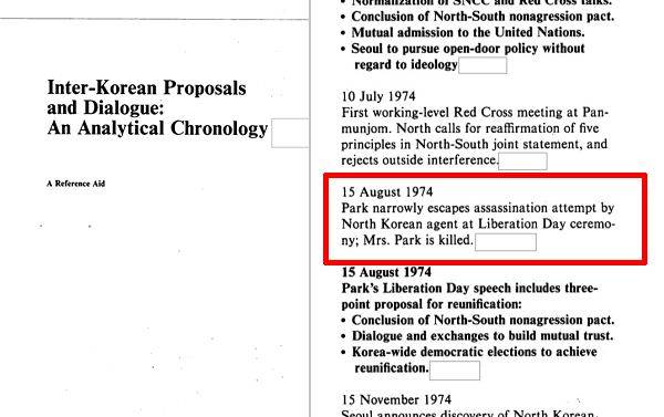 미국 중앙정보국(CIA) 정보국 산하 동아시아분석실이 1985년 5월 작성한 ‘남북한 제안과 대화: 분석 연표’ 문건. 문건 13쪽에서 CIA는 1974년 8월 15일 사건에 대해 ‘박정희 대통령은 광복절 기념식에서 북한 공작원에 의한 암살 시도를 가까스로 피했고 육영수 여사는 숨졌다’고 서술하고 있다(빨간색 네모 안). 사진 배현진 국민의힘 의원실