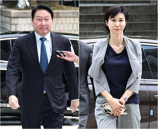 지난 6월 26일 변론기일에 출석한 최태원 SK그룹 회장과 노소영 아트센터 나비 관장. 연합뉴스