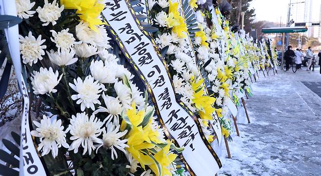 과천 경마공원 부지를 활용한 정부의 주택공급 계획이 나온 지난 2월, 정부세종청사 국토교통부 앞에 경마공원 이전 결정 철회 등을 요구하는 조화가 줄지어 서 있다. 뉴시스