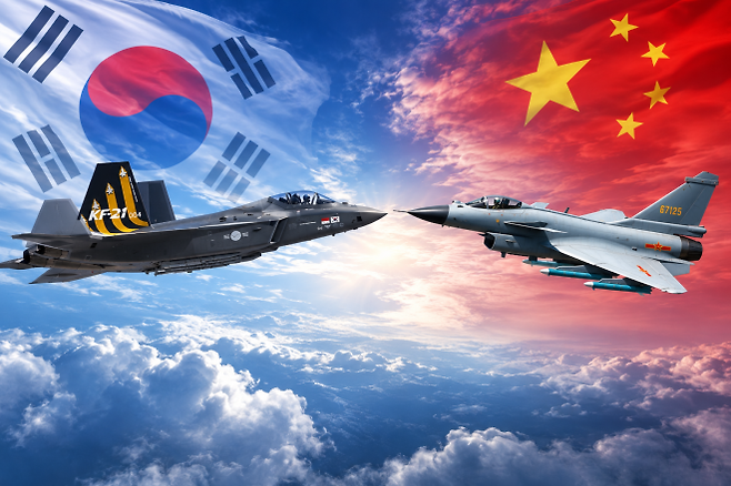 한국형 전투기 KF-21 보라매(왼쪽)와 중국 J-10 전투기를 태극기·오성홍기 배경에 배치한 자료 이미지. 인도네시아는 KF-21 구매를 논의하는 가운데 중국산 전투기 도입도 추진하고 있다. 기사 이해를 돕기 위해 생성형 AI로 제작