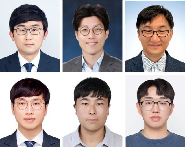 (왼쪽부터 (위)한국재료연구원 양주찬 책임연구원, 포항공과대학교 안지환 교수, 울산과학기술원 이호식 교수(아래)한국재료연구원 윤기용 박사, 포항공과대학교 김현민 박사, 한국재료연구원 이경복 석박통합과정생)