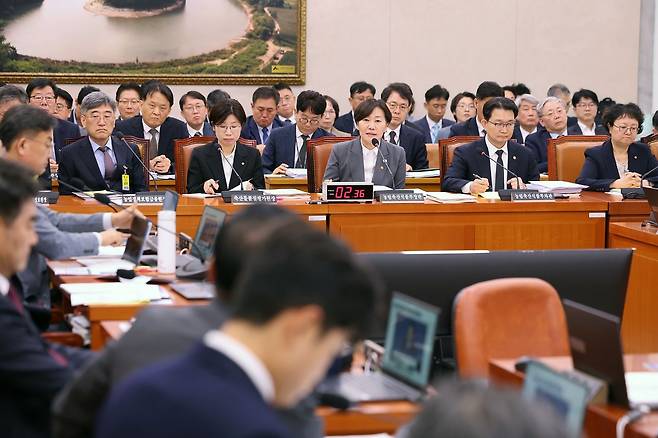 송미령 농림축산식품부 장관이 7일 서울 여의도 국회 농림축산식품해양수산위원회에서 열린 농림축산식품부 등에 대한 국정감사에서 의원 질의에 답하고 있다. 뉴스1