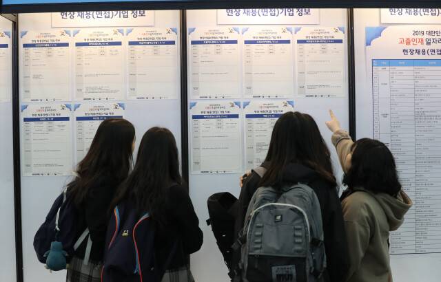 학생들이 2019년 3월20일 오전 경기도 고양시 일산서구 킨텍스에서 열린 ‘고졸 인재 일자리 콘서트’에서 채용게시판을 살펴보고 있다. 고양/강창광 기자 chang@hani.co.kr