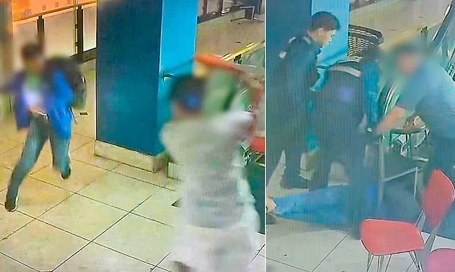 인천경찰청이 14일 공개한 CCTV 영상에 전날(13일) 인천 남동구 구월동의 대형 상업시설 건물에서 시민들이 흉기 난동범을 제압하는 장면이 담겼다. 인천경찰청 제공