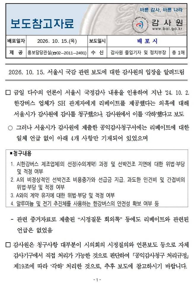 서울시는 오세훈 시장의 지시에 따라 감사원에 공익감사를 청구했으나 각하됐다고 해명한 것과 관련 감사원은 10월 15일 오후 보도자료를 내 서울시가 제출한 감사청구서와 관련 증거자료 어디에도 리베이트에 관한 내용이 없었다고 반박했다. 감사원