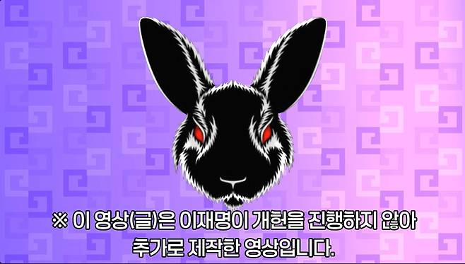 유튜브 채널 ‘검은토끼17(3)’에 게시된 영상의 한 장면. 검은 토끼 형상의 채널 상징과 함께 “이 영상(글)은 이재명이 개헌을 진행하지 않아 추가로 제작한 영상입니다”라는 문구가 등장한다. 이 채널은 손정민씨 사망 사건과 문현동 금괴설, 부정선거 의혹 등을 연결하는 음모론 콘텐츠를 유통해왔다. /유튜브 화면 갈무리
