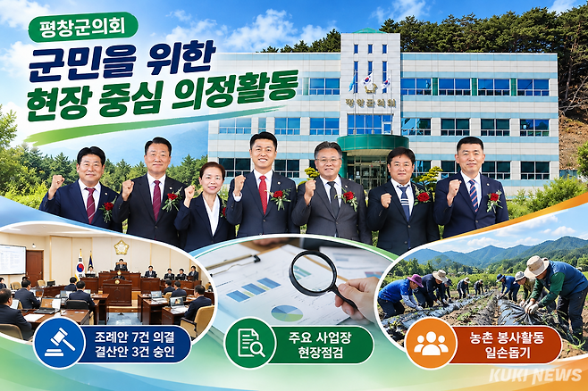 평창군의회가 20일 군의회 본회의장에서 이창열 의장과 군의원들이 참석한 가운데 제316회 정례회 제2차 본회의를 열고 조례안 7건과 2025회계연도 결산 관련 안건 3건을 의결하며 8일간의 회기 일정을 마무리했다. 자료사진 바탕 AI(Chat GPT) 합성 인포그래픽. 전인수 기자
