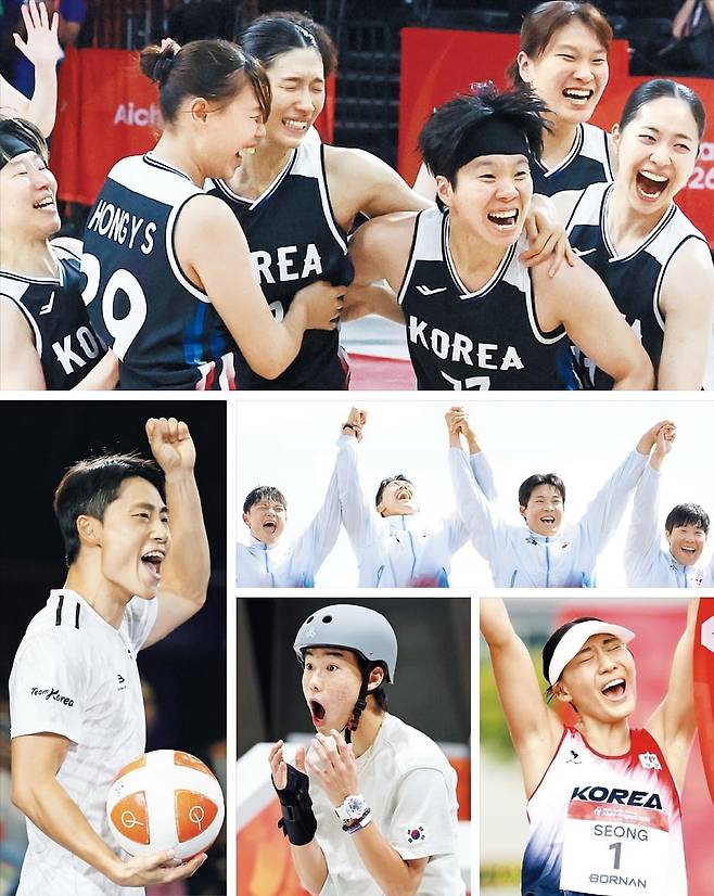 2026 아시안게임에서는 큰 관심을 받지 못하면서도 묵묵히 땀 흘려온 선수들이 값진 금메달을 일궈내며 감동을 안겼다. 맨 위 사진부터 시계 반대 방향으로 아시안게임 금메달에 기뻐하는 여자 농구 대표팀, 테크볼 남자 단식 이준석, 스케이트보드 남자 스트리트 강준이, 근대 5종 여자 개인전 성승민, 카누 카약 남자 4인승 대표팀(왼쪽부터 최민규, 장상원, 김효빈, 조광희). /박성원 기자·신화·뉴스1·뉴시스·연합뉴스