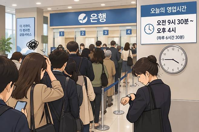 내년 4월부터 고객이 은행 창구를 이용할 수 있는 시간이 하루 7시간에서 6시간 30분으로 줄어든다. 기사 이해를 돕기 위해 AI(인공지능)가 생성한 이미지./사진=챗GPT