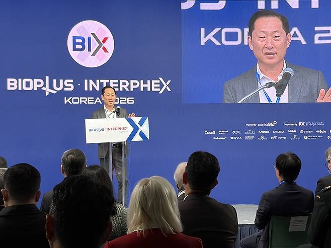 ▲고한승 한국바이오협회 회장이 28일 서울 코엑스 열린 BIX 2026 개막식에서 발언하고 있다. 사진=백솔미 기자